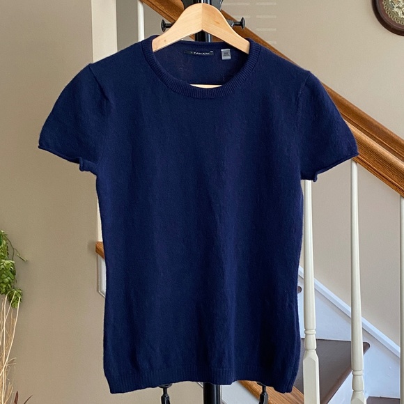 TAHARI 100% Cashmere Dark Blue Short Cap Sleeve Sweater Top Size M - Picture 1 of 9